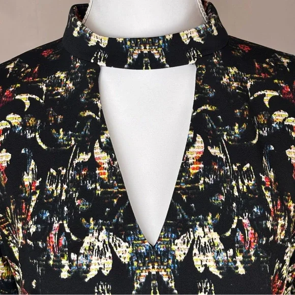 Maggy London Black Abstract Baroque Bodycon Midi Dress Mock Neck Cutout Sz10 NEW - Picture 5 of 16